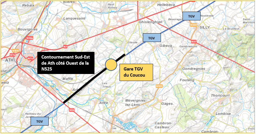 Phase 3 - Les Communaux porposent de construire un contournement le long du TGV à l'ouest de la N525 pour soulager les villages d'Attre et de Mévergnies.