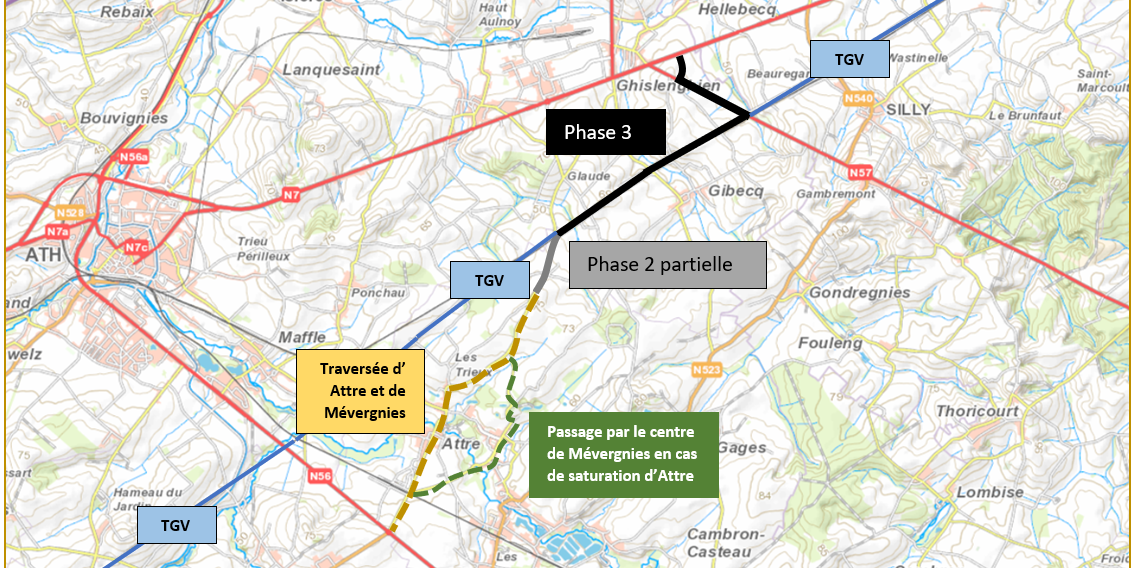 190523 plan TGV phase 3 Phase 3 - L'ilmage montre l'impac de la phase 3 de la N56b sur les villages d'Attre et de Mévergnies