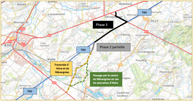 Phase 3 - L'ilmage montre l'impac de la phase 3 de la N56b sur les villages d'Attre et de Mévergnies